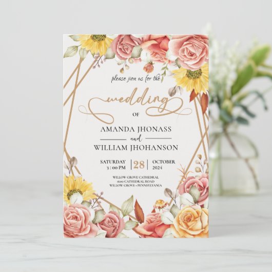 Modern Elegant waterverf gouden bloemenbruiloft Kaart (Staand voorkant)