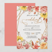 Modern Elegant waterverf gouden bloemenbruiloft Kaart (Voorkant / Achterkant)