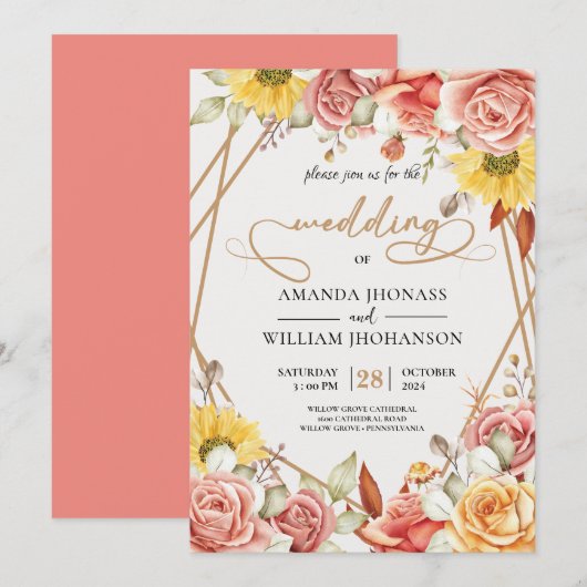 Modern Elegant waterverf gouden bloemenbruiloft Kaart (Voorkant / Achterkant)