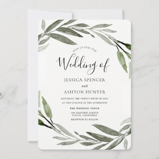 Modern Elegant Waterverf Green Leaf Wedding Kaart (Voorkant)