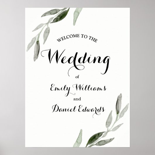 Modern Elegant Waterverf Green Leaf Wedding Poster (Voorkant)