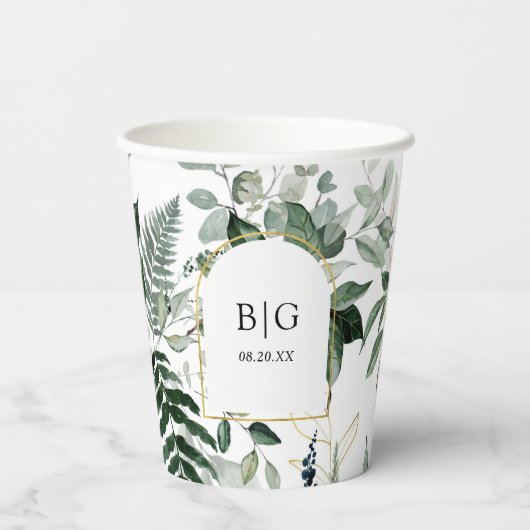 Modern elegant waterverf greenery bruiloft papieren bekers (Achterkant)