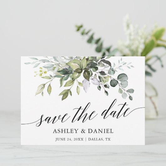 Modern Elegant Waterverf Greenery Calligraphy Save The Date (Staand voorkant)