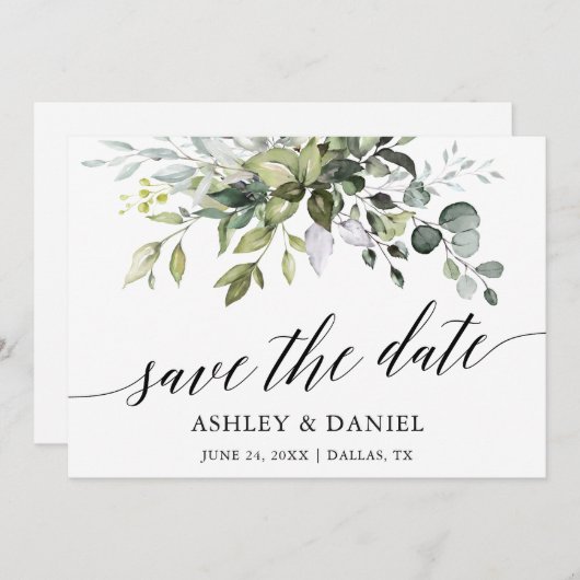 Modern Elegant Waterverf Greenery Calligraphy Save The Date (Voorkant / Achterkant)