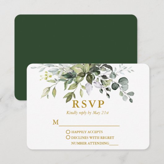 Modern Elegant Waterverf Greenery Gold Wedding RSVP Kaartje (Voorkant / Achterkant)