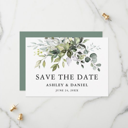 Modern Elegant Waterverf Greenery Sage Green Save The Date (Voorkant / Achterkant in situ)
