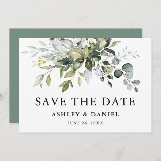 Modern Elegant Waterverf Greenery Sage Green Save The Date (Voorkant / Achterkant)