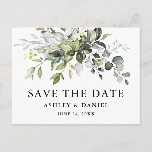 Modern Elegant Waterverf Greenery Save the Date Briefkaart (Voorkant)