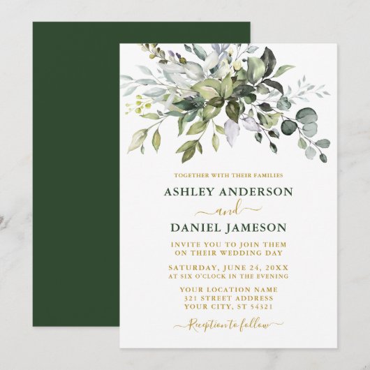 Modern Elegant Waterverf Greenery Wedding Gold Kaart (Voorkant / Achterkant)