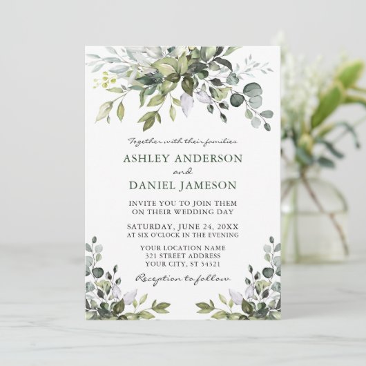 Modern Elegant Waterverf Greenery Wedding Kaart (Staand voorkant)