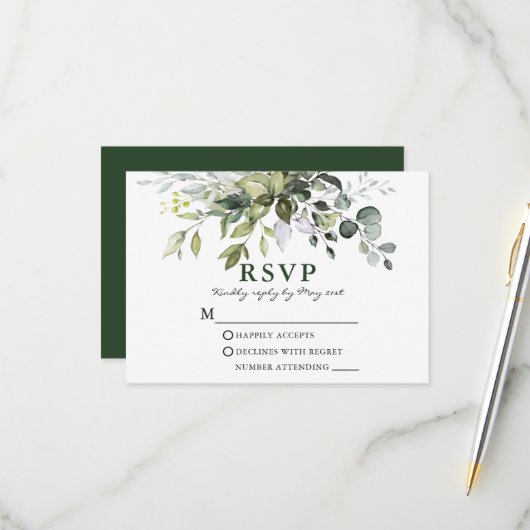 Modern Elegant Waterverf Greenery Wedding RSVP Kaartje (Voorkant / Achterkant in situ)