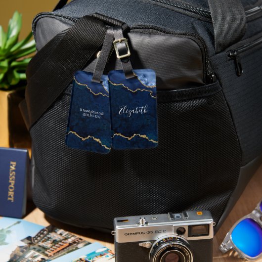 Modern Elegant Waterverf Marble Geode Blue Gold Bagagelabel (Voorkant /achterkant)