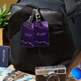 Modern Elegant Waterverf Marble Geode Paars Gold Bagagelabel