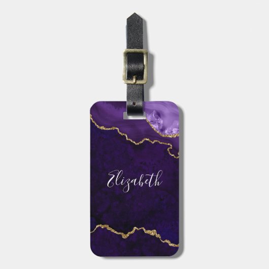 Modern Elegant Waterverf Marble Geode Paars Gold Bagagelabel (Voorkant verticaal)