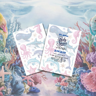 Modern elegant waterverf Zee dierlijk baby shower Kaart