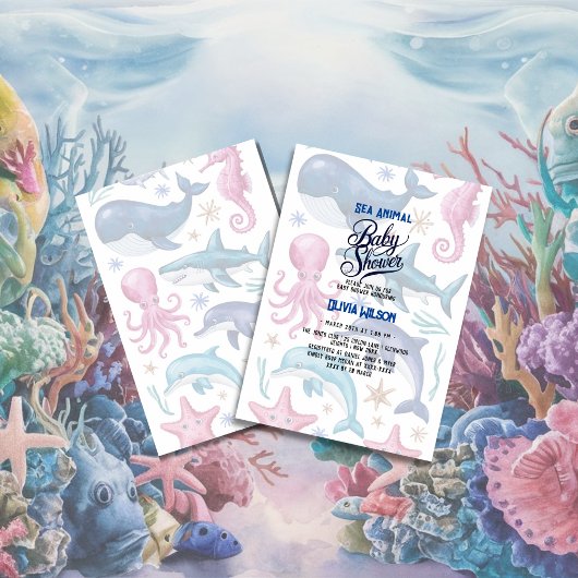 Modern elegant waterverf Zee dierlijk baby shower  Kaart