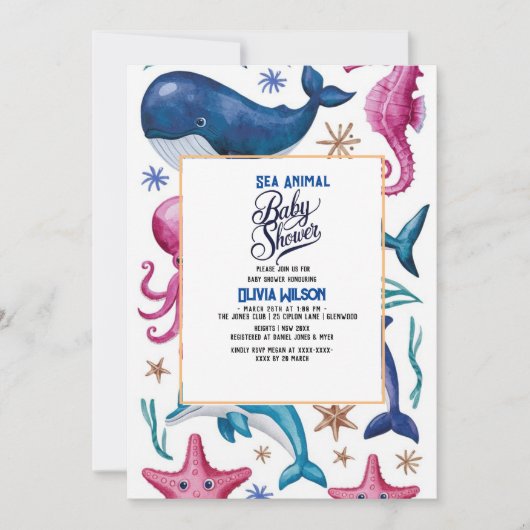 Modern elegant waterverf Zee dierlijk baby shower  Kaart (Voorkant)