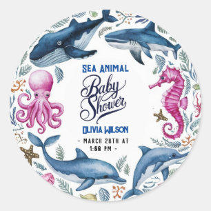 Modern elegant waterverf Zee dierlijk baby shower  Ronde Sticker