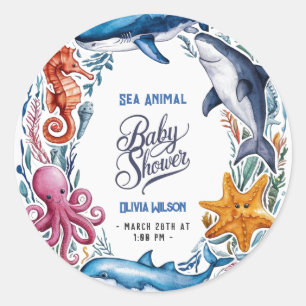 Modern elegant waterverf Zee dierlijk baby shower Ronde Sticker