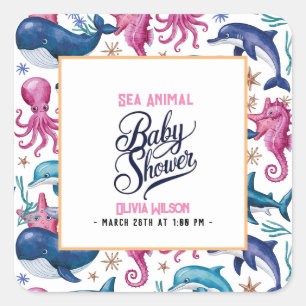 Modern elegant waterverf Zee dierlijk baby shower Vierkante Sticker