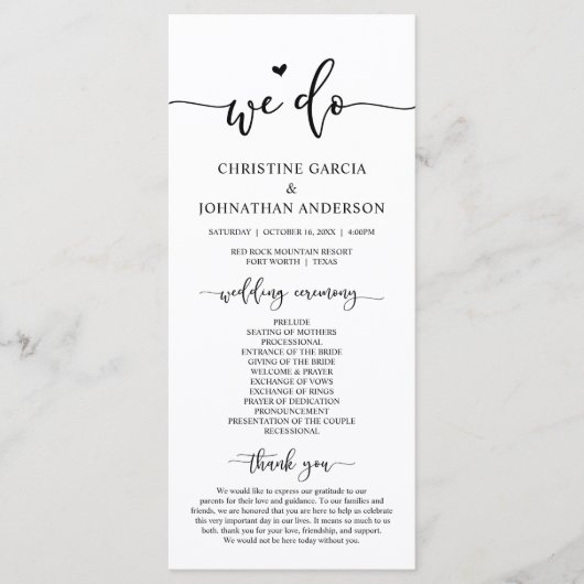Modern Elegant, we doen dat, huwelijksceremonie Programmakaart (Voorkant)