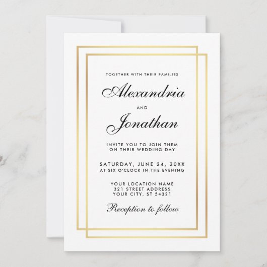 Modern Elegant Wedding Black and White Invitation Kaart (Voorkant)