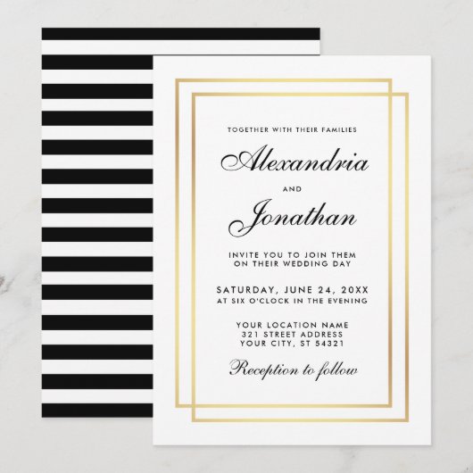 Modern Elegant Wedding Black White Striped Invite Kaart (Voorkant / Achterkant)