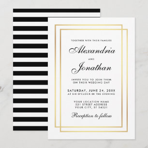 Modern Elegant Wedding Black White Striped Invite Kaart