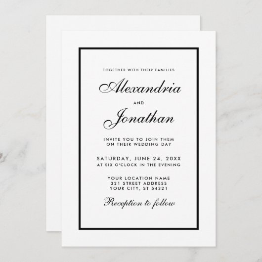 Modern Elegant Wedding Black & White Uitnodiging (Voorkant / Achterkant)