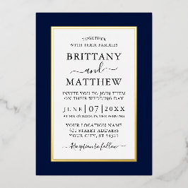 Modern Elegant Wedding Blue Gold Folie Uitnodiging