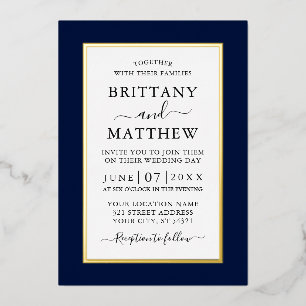 Modern Elegant Wedding Blue Gold Folie Uitnodiging