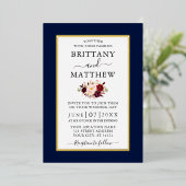 Modern Elegant Wedding Burgundy Floral Blue Gold Folie Uitnodiging (Staand Voorkant)