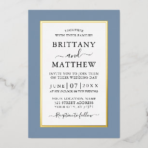 Modern Elegant Wedding Dusty Blue Gold Folie Uitnodiging