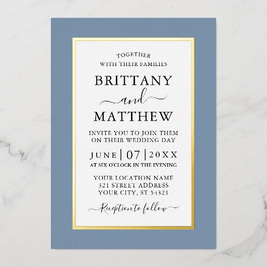 Modern Elegant Wedding Dusty Blue Gold Folie Uitnodiging (Voorkant)