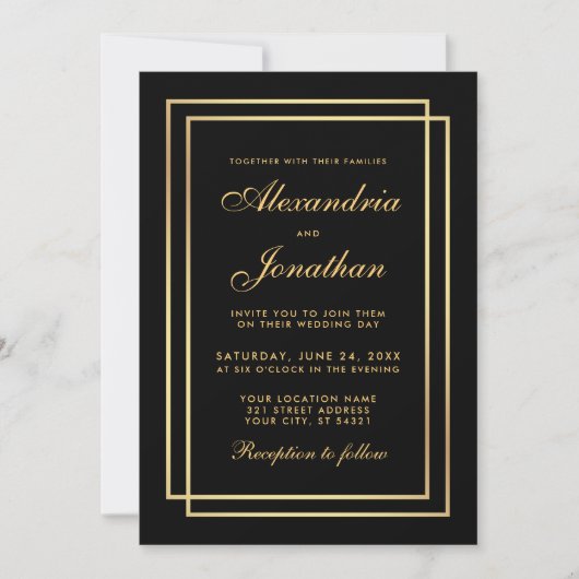 Modern Elegant Wedding Gold Black White Uitnodigin Kaart (Voorkant)