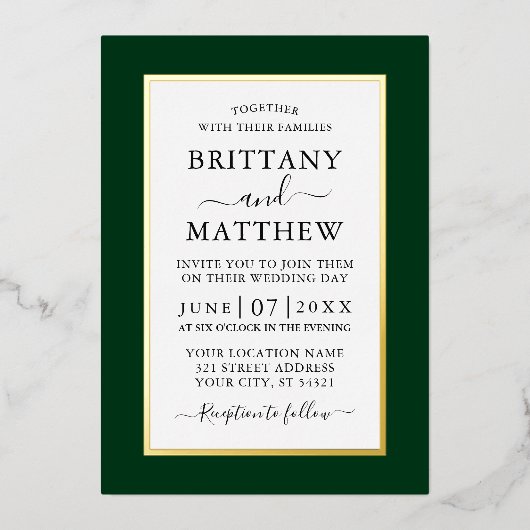Modern Elegant Wedding Green Gold Folie Uitnodiging (Voorkant)