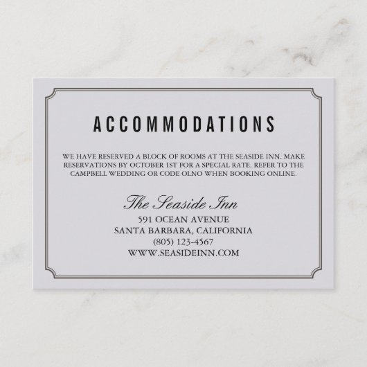 Modern Elegant Wedding Hotel Accomodation Card Informatiekaartje (Voorkant)