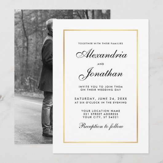 Modern Elegant Wedding Invite - Black White Foto Kaart (Voorkant / Achterkant)