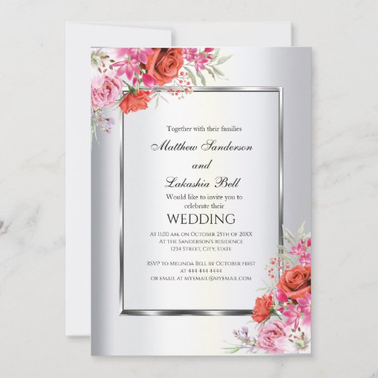 Modern Elegant Wedding Red Roses Uitnodiging (Voorkant)