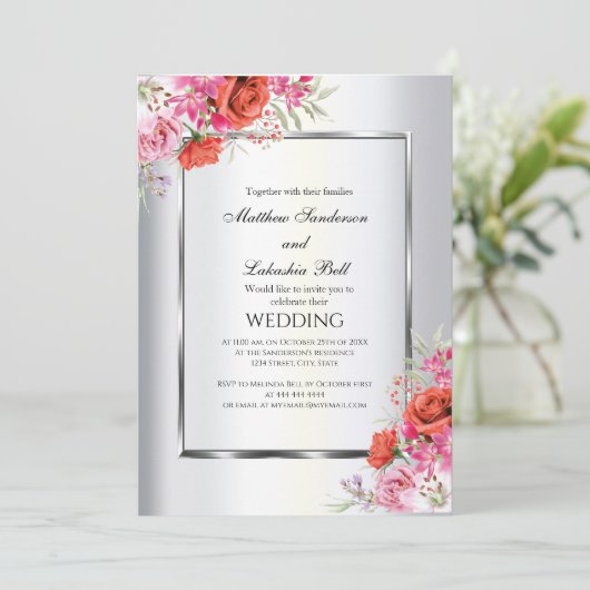 Modern Elegant Wedding Red Roses Uitnodiging (Staand voorkant)