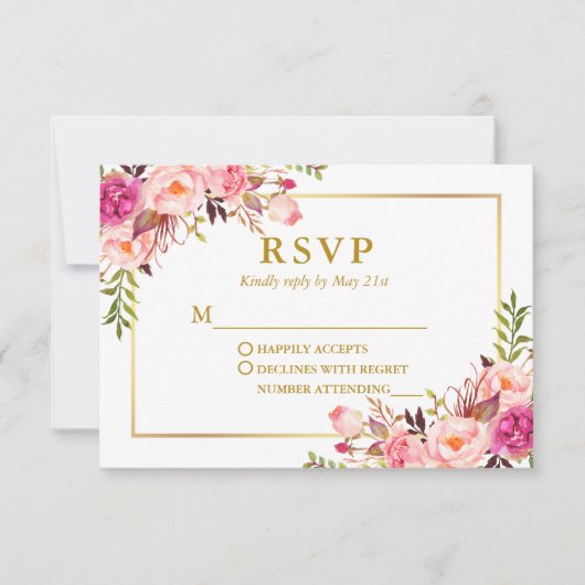 Modern Elegant Wedding Waterverf Pink Floral RSVP Kaartje (Voorkant)