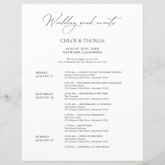 Modern Elegant Wedding Weekend Welkomstreisroute (Voorkant)