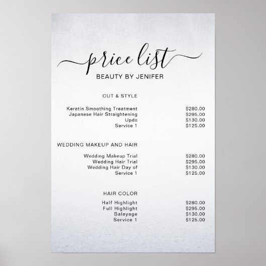 Modern Elegant White Beauty salon prijslijst Poster (Voorkant)