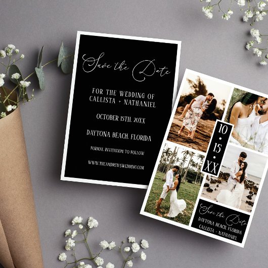 Modern Elegant White Black Four Photo Wedding Save The Date