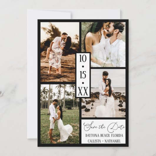 Modern Elegant White Black Four Photo Wedding Save The Date (Voorkant)