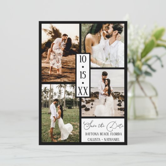 Modern Elegant White Black Four Photo Wedding Save The Date (Staand voorkant)