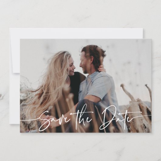 Modern Elegant White Calligraphy Overlay Wedding Save The Date (Voorkant)
