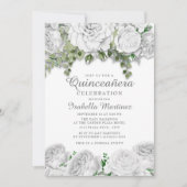 Modern Elegant White Floral Green Quinceañera Kaart (Voorkant)