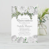 Modern Elegant White Floral Green Quinceañera Kaart (Staand voorkant)