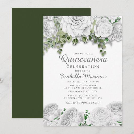 Modern Elegant White Floral Green Quinceañera Kaart (Voorkant / Achterkant)